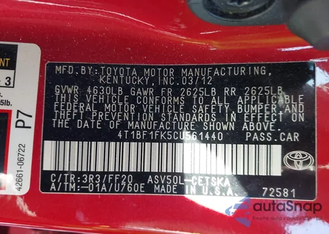 2012 Toyota Camry Se from USA, damaged, VIN 4T1BF1FK5CU561440